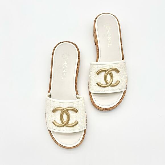 Chanel Interlocking CC Tweed Cork Slip On Heeled Mules Slides Sandals 38 - Picture 3 of 8